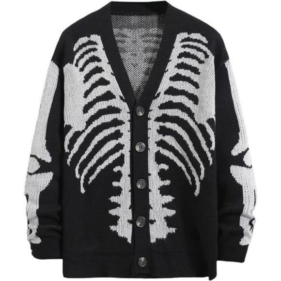 Halloween Cardigan Sweater Black Skeleton Skull Outwear Jacket Coat Unisex - Picture 1 of 2